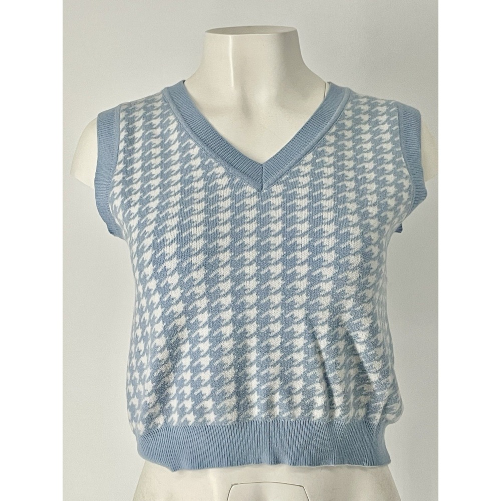 Women's Pastel Baby Blue Houndstooth cropped Sweater‎ Vest  Knit Small White
